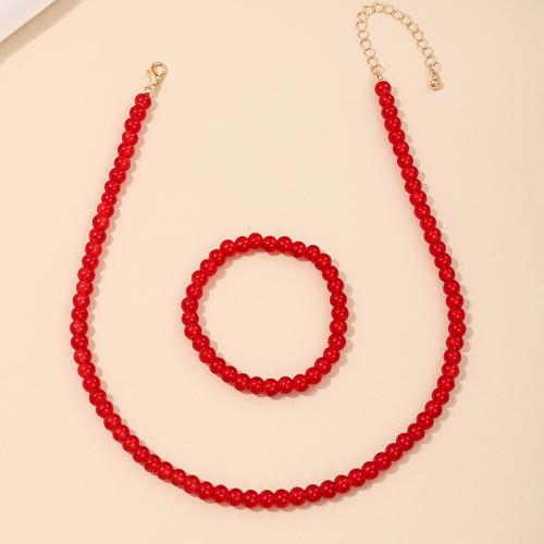 Tibetan Style Jewelry Sets, bracelet & necklace, with Glass, plated, for woman, red, Sold By Set