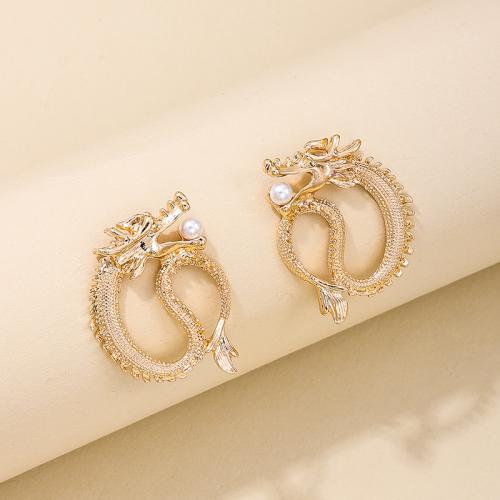 Tibetan Style Stud Earring, with Plastic Pearl, Dragon, plated, for woman, gold, Sold By Pair