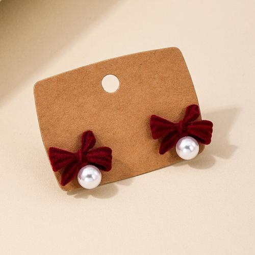 Earring Jewelry, Flocking Fabric, with Plastic Pearl, Bowknot, plated, for woman, red, Sold By Pair