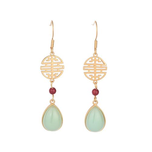 Brass Drop Earring, with Jade, vintage & for woman, golden, 60mm, Sold By Pair