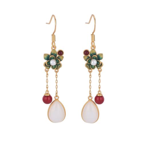 Brass Drop Earring, with Jade & Plastic Pearl, plated, vintage & for woman, golden, 60mm, Sold By Pair