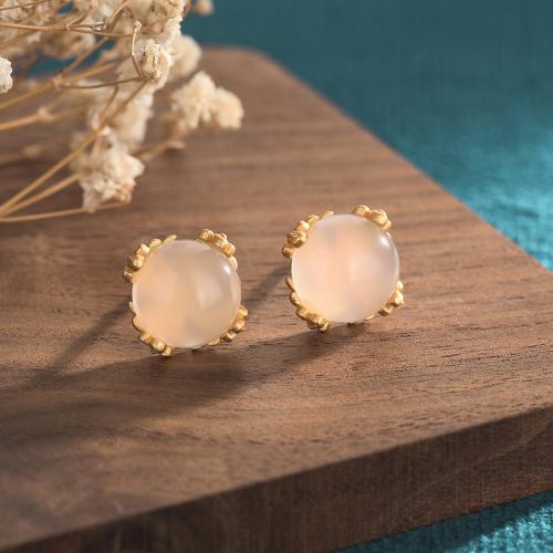 Brass Stud Earring, with Jade, vintage & for woman, golden, 8mm, Sold By Pair