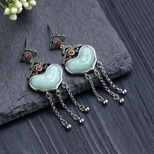 Brass Stud Earring, with Jade, vintage & for woman, silver color, 56mm, Sold By Pair