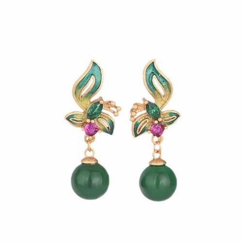 Brass Stud Earring, with Jade, vintage & for woman & enamel, golden, 30mm, Sold By Pair