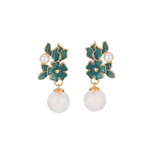 Brass Stud Earring, with Jade & Plastic Pearl, vintage & for woman & enamel, golden, 26mm, Sold By Pair