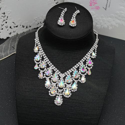 Brass Jewelry Set, Stud Earring & necklace, with Crystal, 2 pieces & for woman & with rhinestone, more colors for choice, Sold By Set