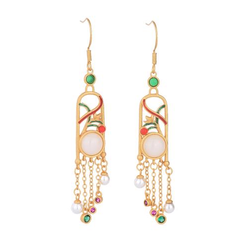 Brass Drop Earring, with Jade & Plastic Pearl, vintage & for woman, golden, 72mm, Sold By Pair