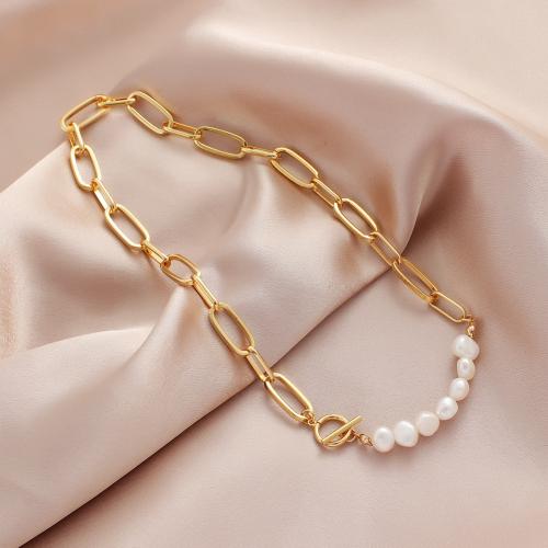 Brass Necklace, with Plastic Pearl, Vacuum Ion Plating, for woman, Sold By PC