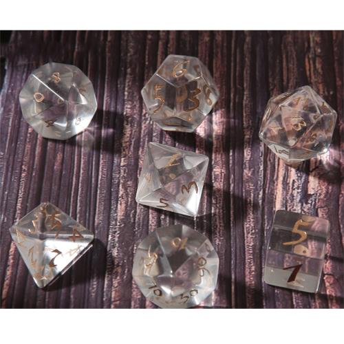 Dice for games, Clear Quartz, Geometrical Pattern, Carved, 7 pieces, Sold By Set