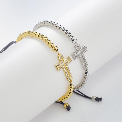 Brass Bracelet & Bangle, with Knot Cord, Cross, plated, Adjustable & micro pave cubic zirconia & for woman, more colors for choice, nickel, lead & cadmium free, Length:12 cm, Sold By PC