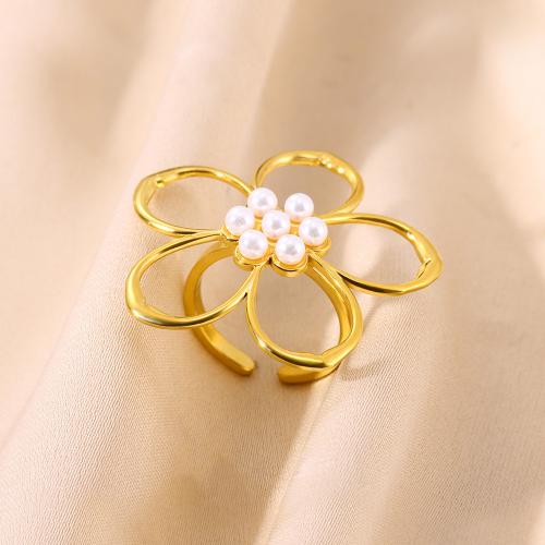 Stainless Steel Finger Ring, 304 Stainless Steel, with Plastic Pearl, Flower, gold color plated, for woman, nickel, lead & cadmium free, Sold By PC