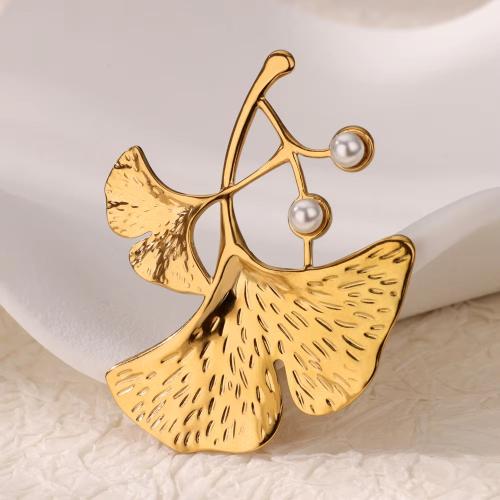 Fashion Brooch Jewelry, 304 Stainless Steel, with Plastic Pearl, Ginkgo Leaf, plated, for woman, more colors for choice, Sold By PC