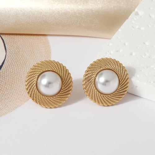 Stainless Steel Stud Earrings, 304 Stainless Steel, with Plastic Pearl, plated, fashion jewelry & for woman, golden, Sold By Pair