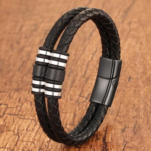 Bracelet de cuir de vachette, cuir de peau de vache, avec Acier inoxydable 304, poli, Double couche & longueur différente pour le choix & pour homme, plus de couleurs à choisir, Vendu par PC