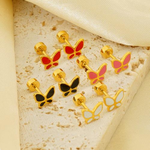 Stainless Steel Stud Earrings, 304 Stainless Steel, with enamel, Butterfly, 18K gold plated, fashion jewelry & for woman & enamel, more colors for choice, Sold By Pair