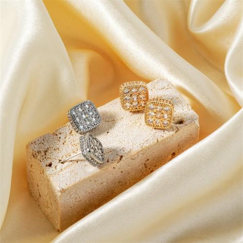 Cubic Zirconia Micro Pave Brass Earring, Square, plated, fashion jewelry & micro pave cubic zirconia & for woman, more colors for choice, Sold By Pair