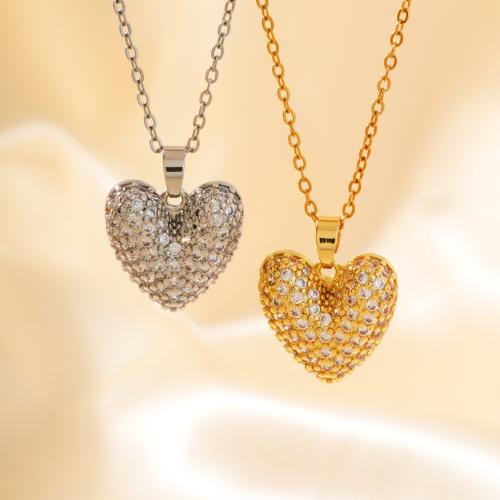 Stainless Steel Jewelry Necklace, 304 Stainless Steel, with 1.97 Inch extender chain, Heart, plated, fashion jewelry & micro pave cubic zirconia & for woman, more colors for choice, Length:15.75 Inch, Sold By PC