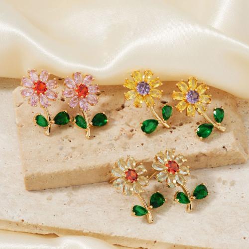 Cubic Zirconia Micro Pave Brass Earring, Sunflower, plated, fashion jewelry & micro pave cubic zirconia & for woman, more colors for choice, Sold By Pair