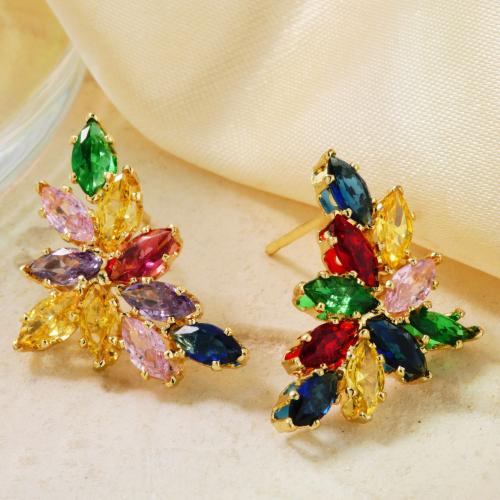 Brass Stud Earring, with Cubic Zirconia, Leaf, fashion jewelry & for woman, more colors for choice, Sold By Pair