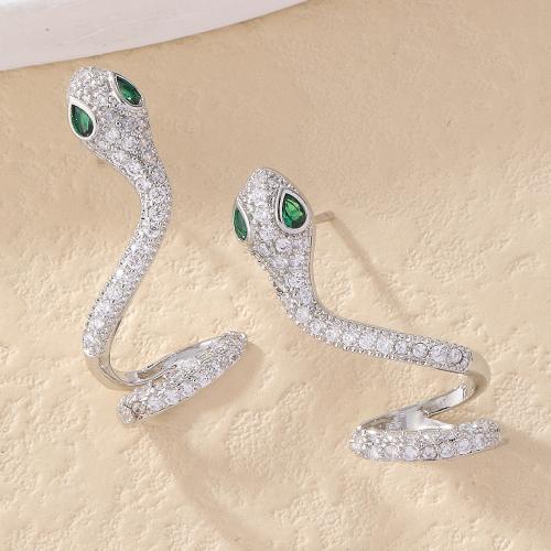 Cubic Zirconia Micro Pave Brass Earring, Snake, plated, fashion jewelry & micro pave cubic zirconia & for woman, more colors for choice, Sold By Pair