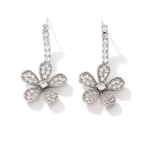 Cubic Zirconia Micro Pave Brass Earring, Flower, plated, fashion jewelry & micro pave cubic zirconia & for woman, silver color, Sold By Pair