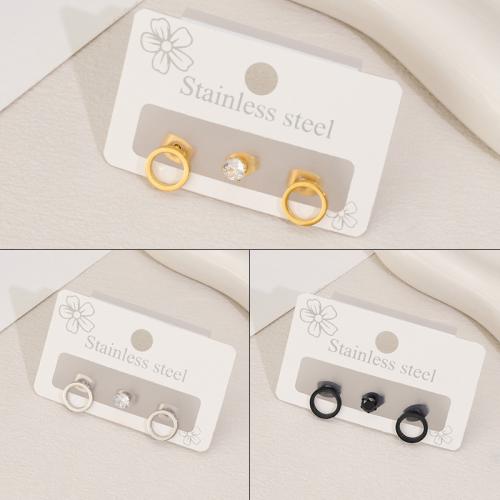 Stainless Steel Stud Earrings, 304 Stainless Steel, with Cubic Zirconia, plated, three pieces & for woman & hollow, more colors for choice, Sold By Set