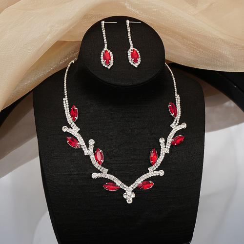 Brass Jewelry Set, Stud Earring & necklace, with Crystal, 2 pieces & for woman & with rhinestone, more colors for choice, The circumference of the necklace is about 45-50cm, including the 9cm extension chain, the width is about 2.2cm, and the earring size is 5.0cm * 1.0cm, Sold By Set