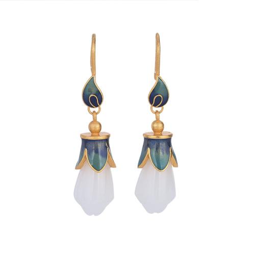 Brass Drop Earring, with Jade, vintage & for woman, golden, 42mm, Sold By Pair