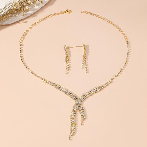 Brass Jewelry Set, earring & necklace, 2 pieces & for woman & with rhinestone, more colors for choice, The circumference of the necklace is about 45cm, and the earrings are about 3.5cm, Sold By Set