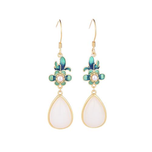 Brass Drop Earring, with Jade & Plastic Pearl, plated, vintage & for woman & enamel, golden, 48mm, Sold By Pair