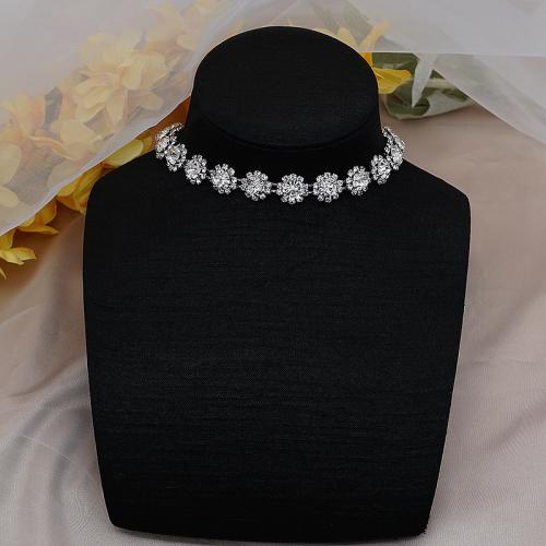 Brass Necklace, with 10cm extender chain, plated, for woman & with rhinestone, silver color, Length:Approx 28.5 cm, Sold By PC