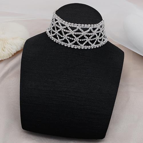 Collier en laiton, avec 10cm chaînes de rallonge, pour femme & avec strass, argent, Longueur:Environ 27 cm, Vendu par PC