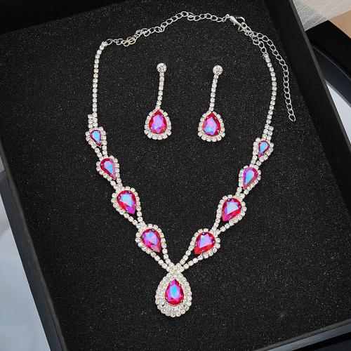 Brass Jewelry Set, earring & necklace, with Crystal, 2 pieces & for woman & with rhinestone, more colors for choice, Earrings size: 4.5cm *1.3cm, Sold By PC