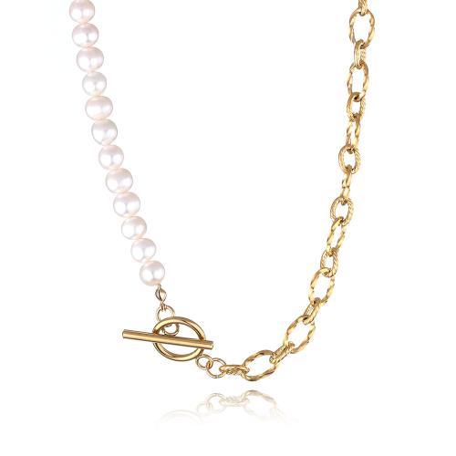 Stainless Steel Jewelry Necklace, 304 Stainless Steel, with Freshwater Pearl, fashion jewelry & for woman, golden, Sold By PC