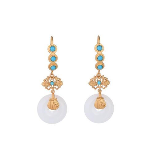 Brass Drop Earring, with Jade & turquoise, plated, vintage & for woman, golden, 52mm, Sold By Pair