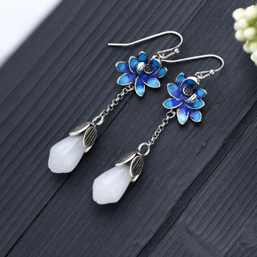 Brass Drop Earring, with Jade, vintage & for woman, silver color, 62mm, Sold By Pair