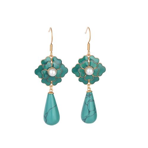 Brass Drop Earring, with Turquoise & Plastic Pearl, vintage & for woman & enamel, golden, 60mm, Sold By Pair