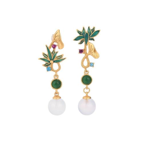 Brass Stud Earring, with Jade, vintage & for woman & enamel, golden, 37mm, Sold By Pair