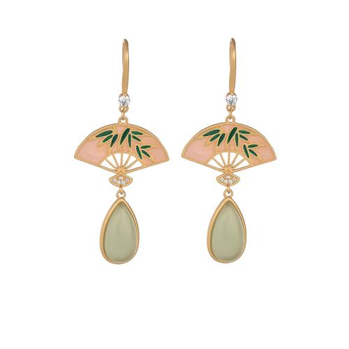 Brass Drop Earring, with Jade, vintage & for woman & enamel, golden, 56mm, Sold By Pair