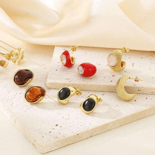 Stainless Steel Stud Earrings, 304 Stainless Steel, with Cats Eye, Vacuum Ion Plating, for woman, more colors for choice, Sold By Pair