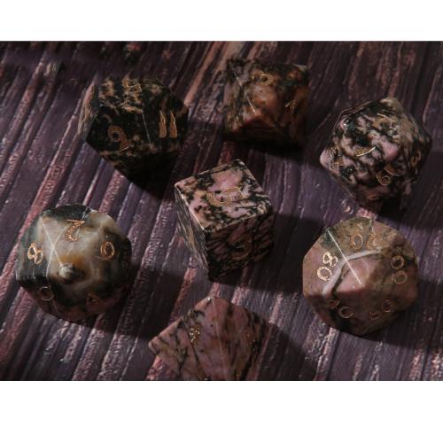 Dice for games, Rhodochrosite, Geometrical Pattern, 7 pieces, Sold By Set