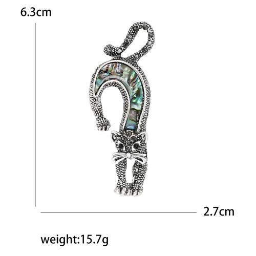 Tibetan Style Brooches, with Abalone Shell, Cat, silver color plated, for woman & with rhinestone, nickel, lead & cadmium free, 32x67mm, Sold By PC