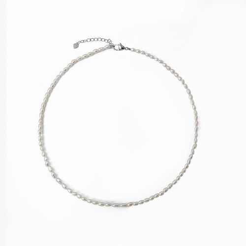 Collar de Perlas Natural de Freshwater, Perlas cultivadas de agua dulce, con metal, con 5CM extender cadena, para mujer, Blanco, libre de níquel, plomo & cadmio, longitud:40 cm, Vendido por UD