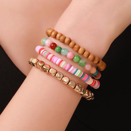 Wood Bracelets, Polymer Clay, with Wood, 4 pieces & for woman, mixed colors, Sold By Set