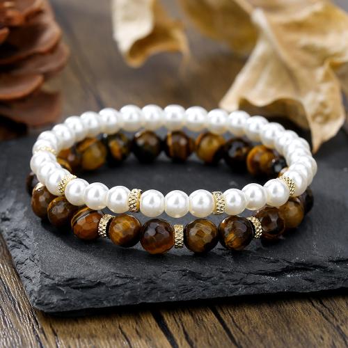 Natural Tiger Eye Bracelets, with Plastic Pearl, 2 pieces & for woman, Sold By PC