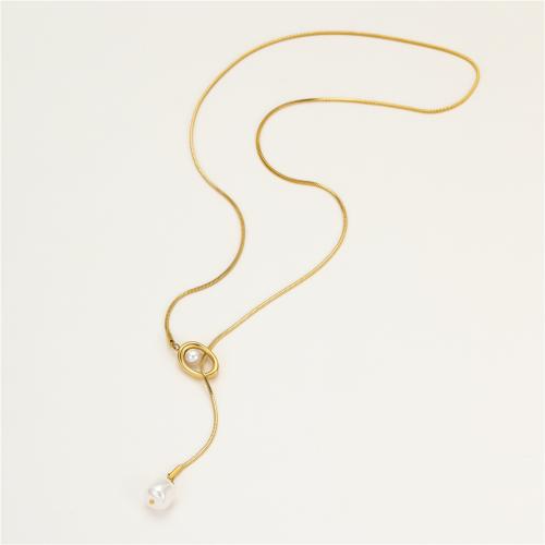 Stainless Steel Sweater Chain Necklace, 304 Stainless Steel, with Plastic Pearl, plated, fashion jewelry & for woman, more colors for choice, Length:74 cm, Sold By PC