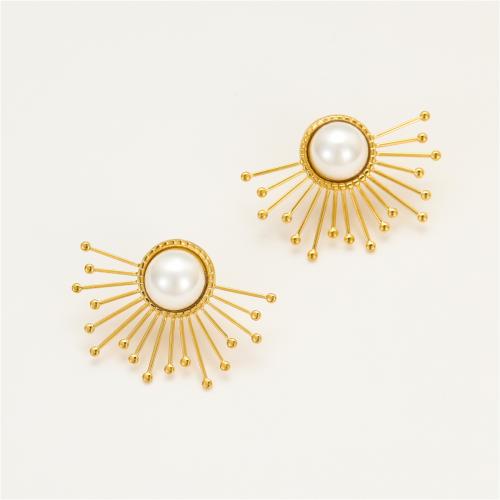 Boucle d'oreille de gaujon en acier inoxydable, Acier inoxydable 304, avec perle de plastique, fleur, Plaqué or 18K, bijoux de mode & pour femme, Vendu par paire