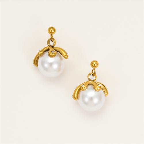 Stainless Steel Stud Earrings, 304 Stainless Steel, with Plastic Pearl, petals, 18K gold plated, fashion jewelry & micro pave cubic zirconia & for woman, Sold By Pair