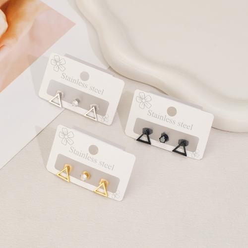 Stainless Steel Stud Earrings, 304 Stainless Steel, Triangle, plated, three pieces & micro pave cubic zirconia & for woman & hollow, more colors for choice, Sold By Set