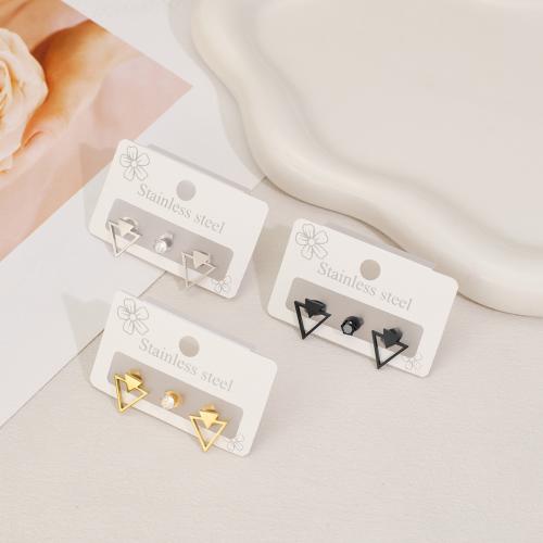 Stainless Steel Stud Earrings, 304 Stainless Steel, Triangle, plated, 3 pieces & micro pave cubic zirconia & for woman & hollow, more colors for choice, Sold By Set